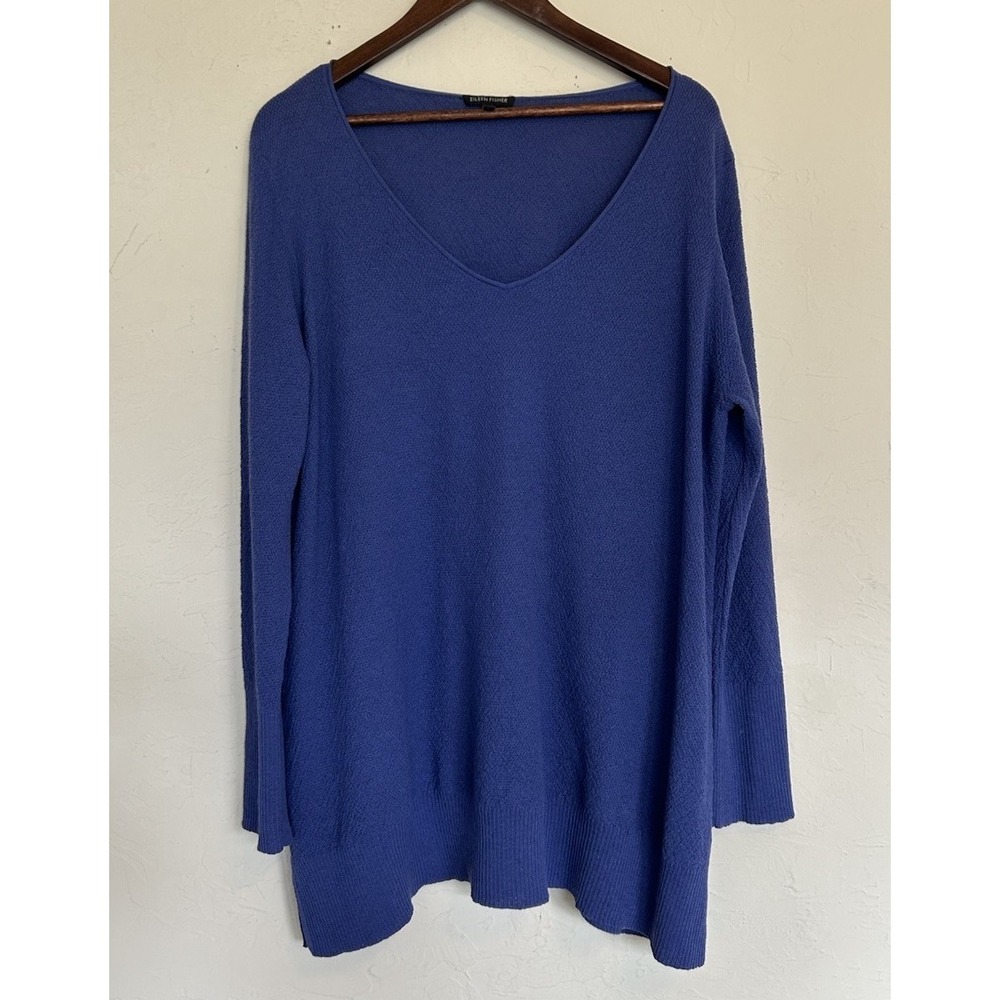 Eileen Fisher‎ Textured Lightweight Ribbed Wool Tunic Pullover L Blue Lagenlook